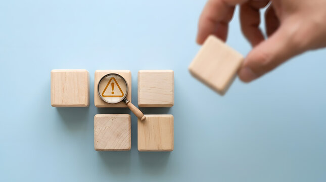 identifying business risks and challenges | magnifying glass on warning icon wooden blocks | risk management and quality control concept | finding hidden problems and security threats