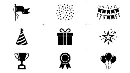 Naklejka premium Celebration-themed icons show party elements like a flag, confetti, balloons, trophy, gift, and ribbon.