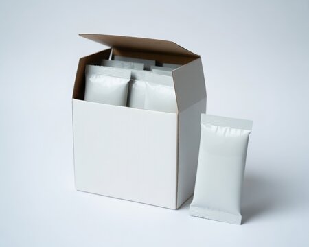 Small white packaging box with pouches isolated on white background