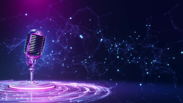 Futuristic vintage microphone on a glowing purple platform with connected data particles and open copy space. Best for podcast promos, streaming intros, radio branding, interviews, and audio networks.