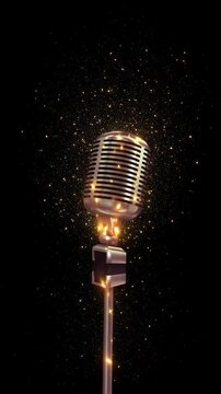 Golden retro microphone glowing with sparkling dust against a black background. Best for luxury concerts, award ceremonies, gala invitations, talent shows, jazz performances, and elegant event promos.