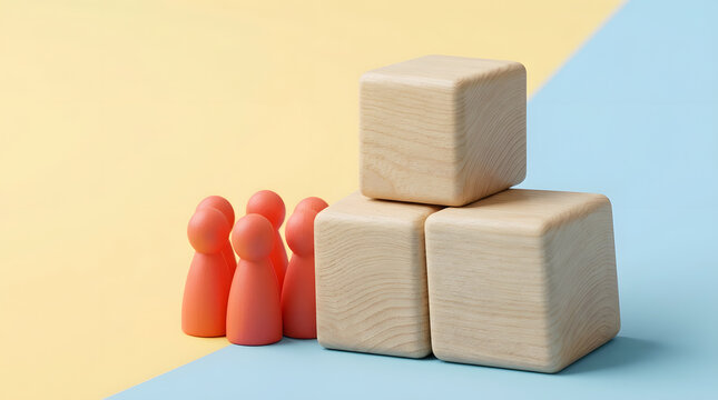 wooden blocks and miniature peg people | business team standing behind obstacles | metaphor for group goal setting and achievement | human resources and team building concept