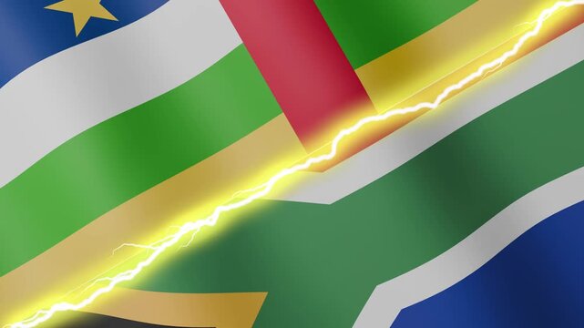 Two waving flags Central African Republic and South Africa with diagonal lightning seamless, 4k loop