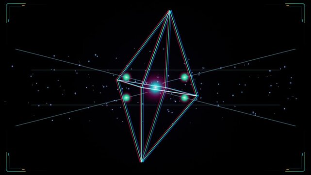 Abstract geometric crystal rotating in digital space with glowing particles on dark background loop.