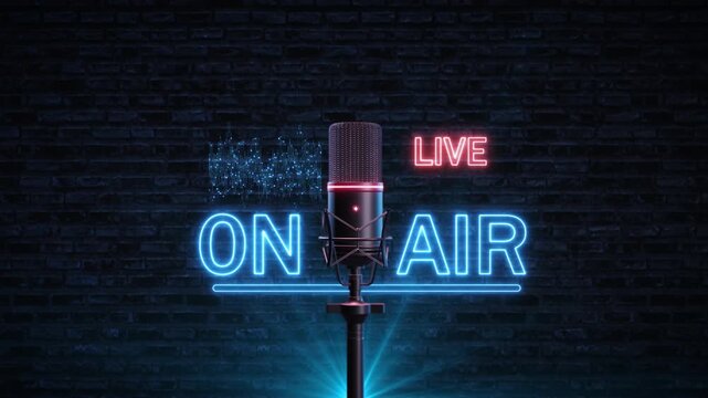 Neon broadcast typography, condenser mic and animated sound spectrum create an urban studio identity. Ideal for podcast openings, live streams, radio promos, interviews and entertainment media online.