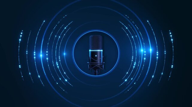 Futuristic microphone surrounded by concentric blue signal rings and bright particles. Ideal for AI assistant, speech recognition, smart audio, virtual communication, automation, and voice technology.