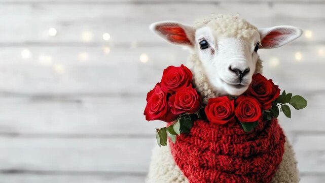 Lamb wearing red rose garland and heart-shaped scarf against wooden background. The 14th of February. Happy Valentine's Day