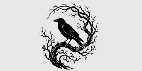 Fototapeta premium Raven on Twisted Branch Silhouett