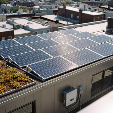 Rooftop solar panels and a sedum green roof on a city building