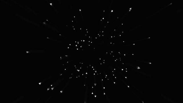 Abstract motion background with white triangles exploding outward in dark space.