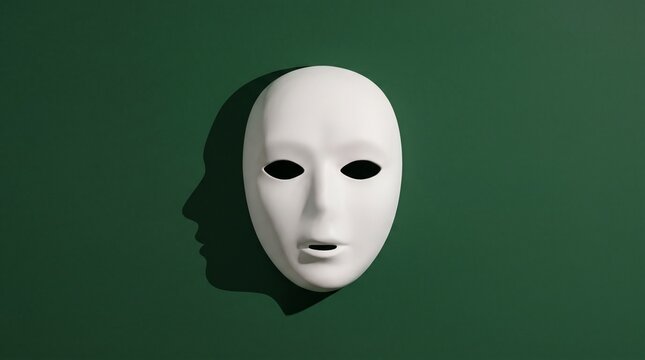 A plain white mask with a stark shadow casts an eerie and mysterious silhouette on a deep green background, representing anonymity and hidden identity.