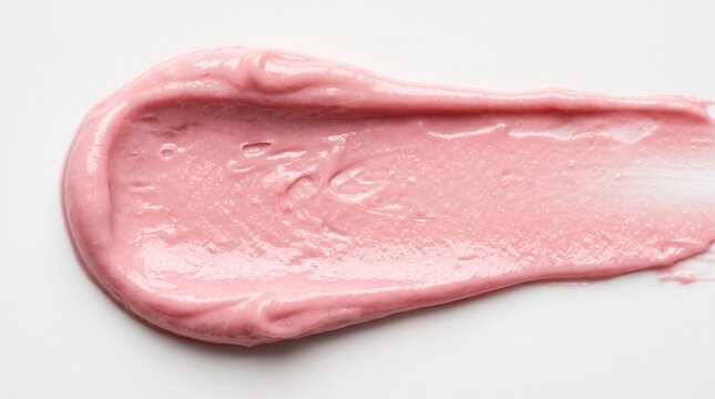 Close up of a pink cosmetic cream texture swatch on a white background
