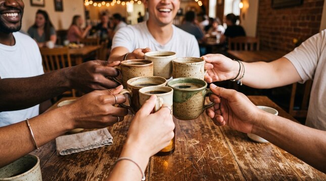 Diverse group of friends clinking coffee mugs together in a cozy cafe celebrating friendship and good times