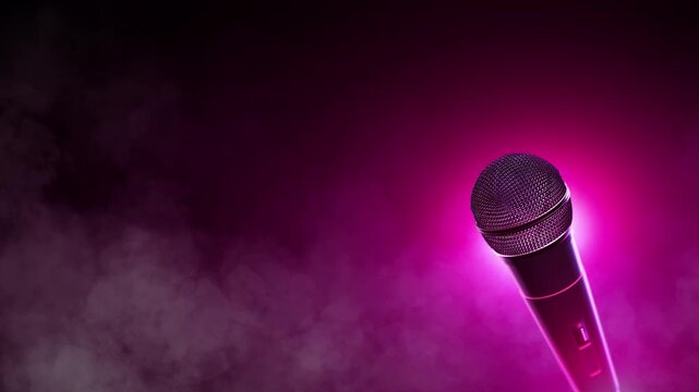 Single microphone ready in green theatrical light and atmospheric haze. Perfect for comedy shows, public speaking, auditions, talent contests, ceremonies, presentations, hosting and venue advertising.