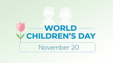 Fototapeta premium World children day poster template with soft green background and simple line art silhouettes of boy and girl for november twentieth awareness holiday event.