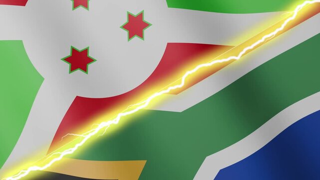 Two waving flags Burundi and South Africa with diagonal lightning seamless, 4k loop