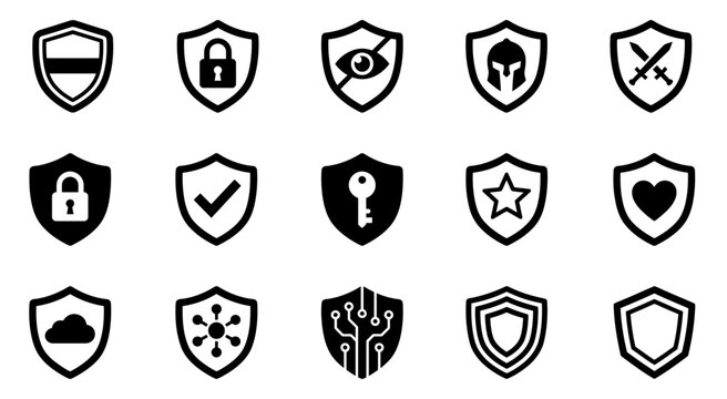 A collection of fifteen black shield icons representing security protection safety defense and various digital technology concepts