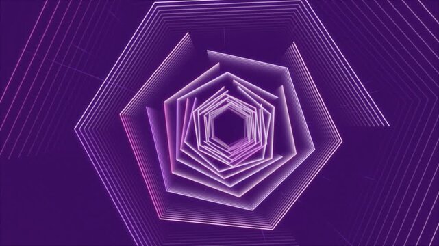 Abstract purple tunnel motion with rotating neon hexagonal frames glowing against dark background.