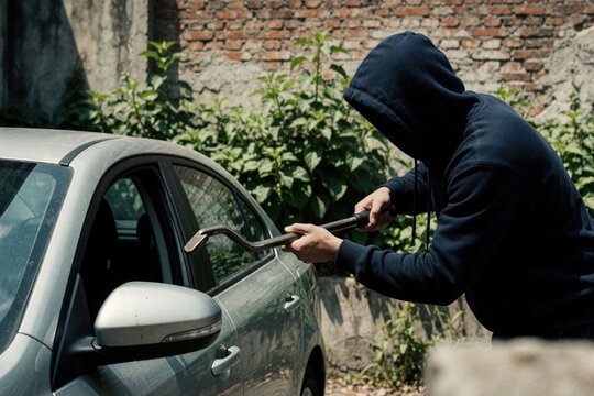 Criminal in dark hoodie uses metal crowbar to break car door lock. Masked thief performs burglary at night parking lot. Man attempts illegal theft of vehicle during street crime. Vandalism, robbery