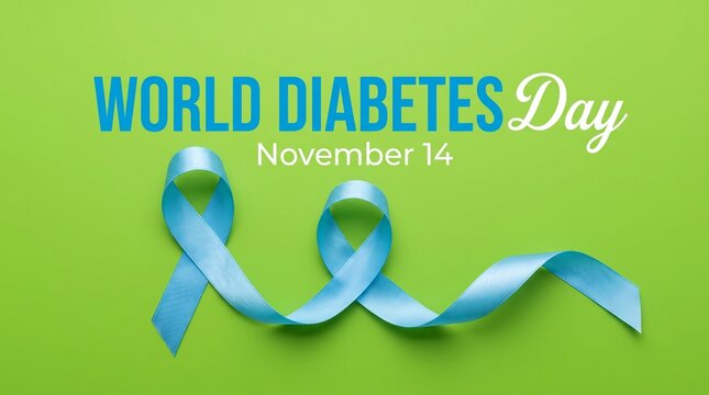 World diabetes day creative concept showcases long blue silk ribbon curled on vibrant green background for promoting medical screening and disease prevention awareness.