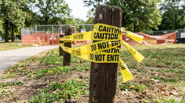 Bright yellow caution tape with "DO NOT ENTER" and "CAUTION" warnings wrapped around a weathered wooden post marking a restricted area.
