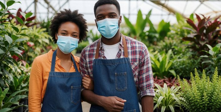 Smiling African American man, woman wear blue medical masks in plant shop. Happy couple works as florists in greenhouse. Wear denim aprons surrounded by green leaves, tropical plants. Small family