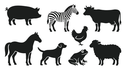 Fototapeta premium Set of black animal silhouettes including pig zebra cow chicken horse dog frog and sheep isolated on white background