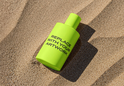 Perfume bottle mockup lying on sandy surface in outdoor beach environment with natural light and shadow, realistic product presentation for branding packaging design, vertical orientation