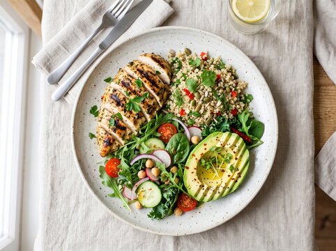 Grilled chicken breast with quinoa salad and avocado on a ceramic plate for healthy lunch