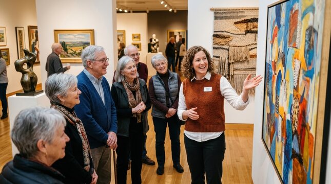 Museum guide and senior visitors enjoy an engaging art gallery tour, actively listening to explanations about a vibrant abstract painting.