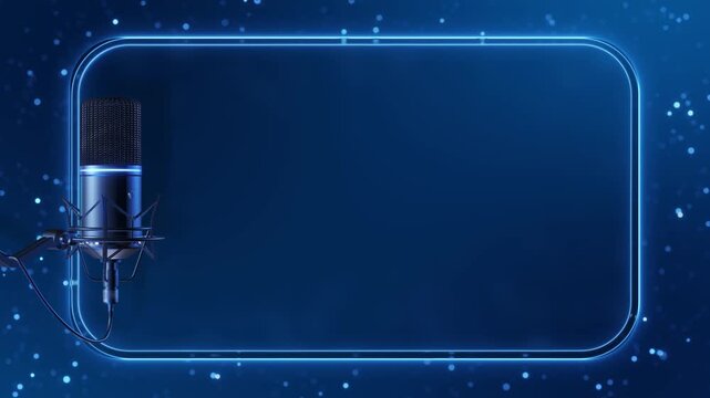 Futuristic condenser microphone and luminous blue border create a polished video podcast template. Perfect for episode openers, livestream announcements, channel branding, voiceovers, and digital ads.