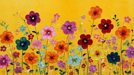 Naklejka premium Vibrant oil painting featuring colorful wildflowers with thick texture and bright yellow background created using professional palette knife art techniques