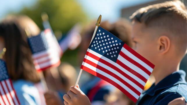 Group of children holding small American flags during an outdoor patriotic school celebration, Citizenship Day, Constitution Day, civic education, American heritage, community,