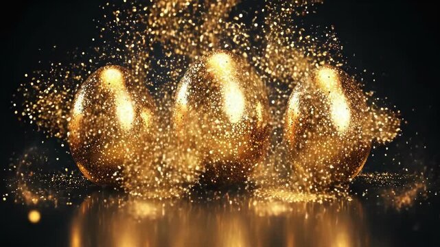 Glittering golden eggs on dark background with sparkling particles. Easter, Pascha, Paskha, Ostern, Pascua, Paques - Orthodox and Catholic Holiday celebration