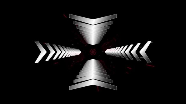 Abstract tunnel with silver chevron arrows moving forward in dark space modern digital background.