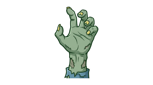 A green cartoon zombie hand reaching upward. Features stitches, decayed skin and yellow nails. Ideal for Halloween designs, horror themes, and spooky vector projects.