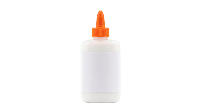 A plastic white glue bottle featuring an orange applicator cap and blank label, isolated on black. Perfect for craft, school, office, diy projects, and product design.