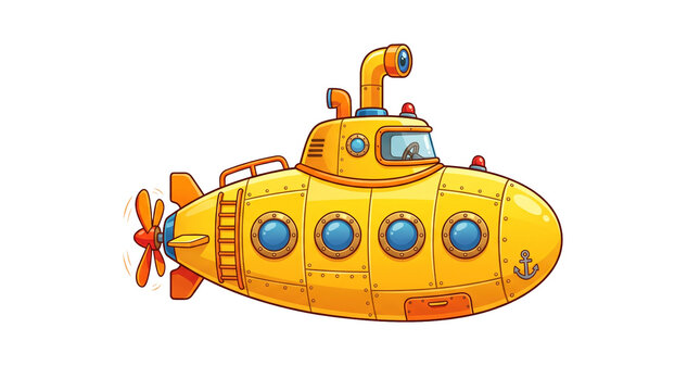 A cute yellow submarine cartoon illustration. Isolated on black, ideal for children's projects, ocean exploration themes, games, and educational designs. Vector style.