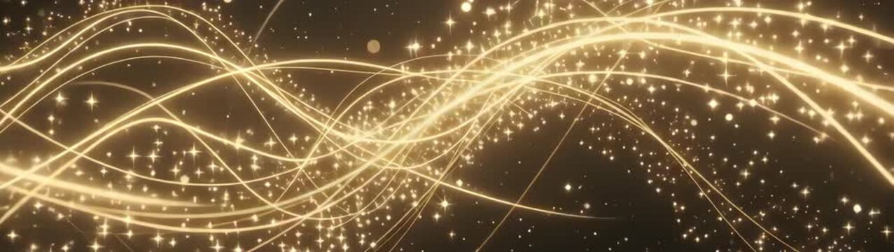 Golden glowing lines creating an elegant pattern with sparkling particles and stars on a black background Design for celebrations.