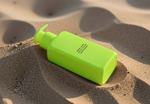 Plastic bottle mockup with pump dispenser resting on sandy beach, realistic product presentation template for sunscreen or body care, natural lighting and shadows in outdoor scene