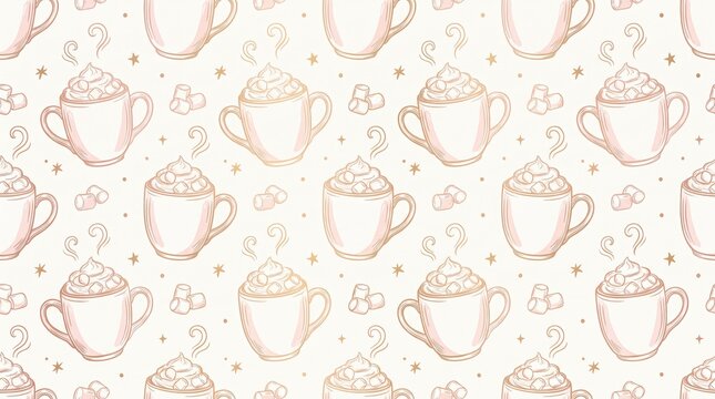 Watercolor coffee cup pattern, seamless design with whipped cream and marshmallows, warm beige tones, cozy beverage illustration, ideal for textile, packaging, or digital backgrounds