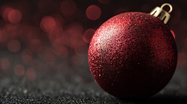 Sparkling red Christmas ornament bauble resting on a dark surface captured with soft bokeh lighting and professional macro camera settings