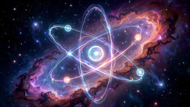 Abstract scientific illustration of a glowing atom model floating in deep space.