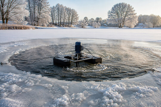 winter pond aeration / oxygen depletion - frozen lake.