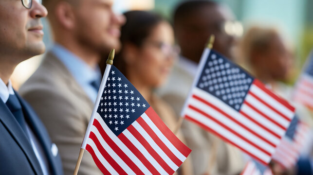 Faceless group of newly naturalized citizens holding small American flags during a citizenship ceremony, Citizenship Day, civic rights, American identity, community, national