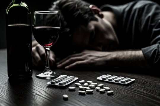 Man slepic on dark table near wine bottle, glass, pills. Depressed drunk male suffers from alcohol addiction, drug overdose. Pills scattered on wood surface show substance abuse, medicine dependency,