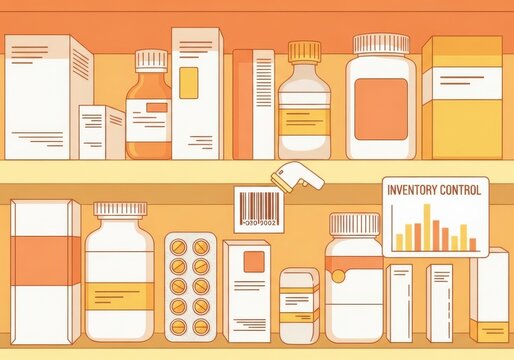 Pharmacy shelves with medicine bottles and boxes being scanned by a barcode reader