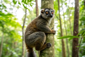 Naklejka premium Ring-tailed lemur sitting on tree branch in forest