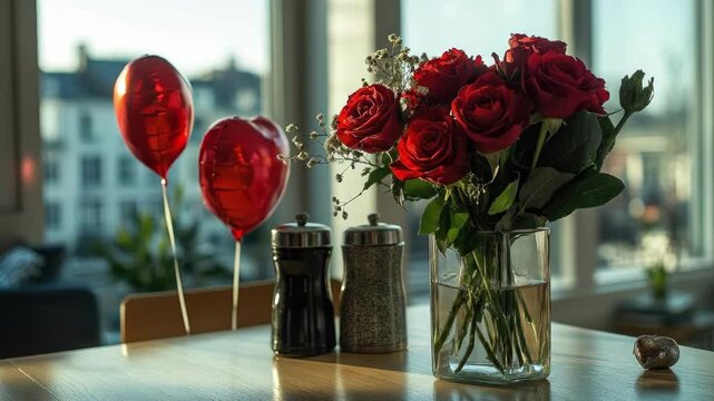 Romantic red roses and heart balloons on sunlit dining table