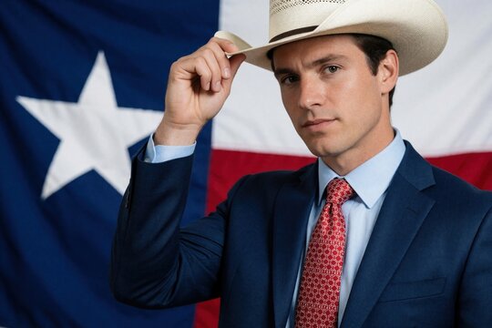 Serious male politician in blue suit, red tie tips cowboy hat. Successful businessman stands in front of Texas flag. Pro man expresses leadership, southern identity in office setting. Texas pride